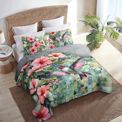 Shineful All Season Quilt 3-Piece Set Hibiscus Hummingbird