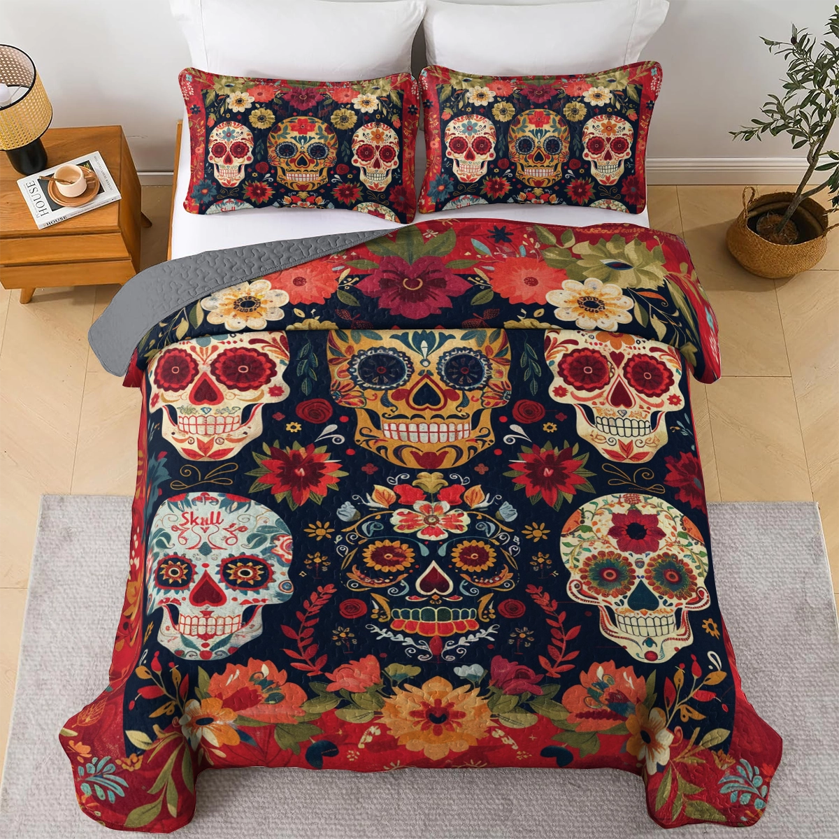 Shineful All Season Quilt 3-Piece Set Vibrant Sugar Skull