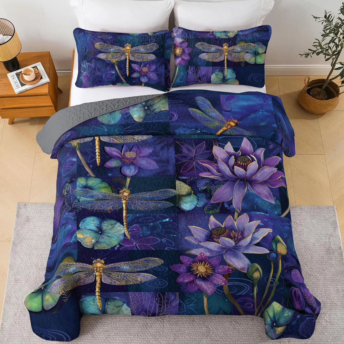 Shineful All Season Quilt 3-Piece Set Enchanted Dragonfly Lotus