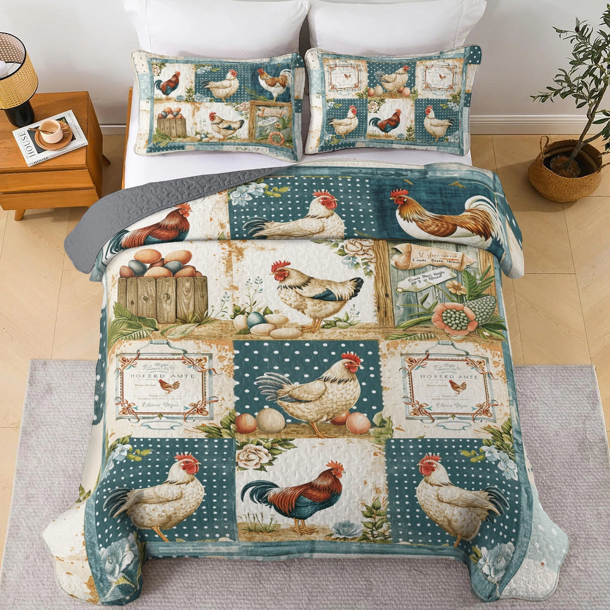 Ensemble de courtepointe toutes saisons Shineful 3 pièces Vintage Haven Chicken