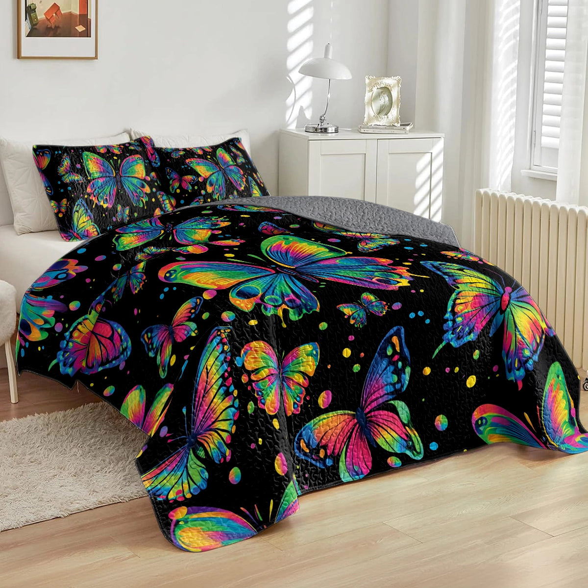 Shineful All Season Quilt 3-Piece Set - Neon Butterfly Dreams