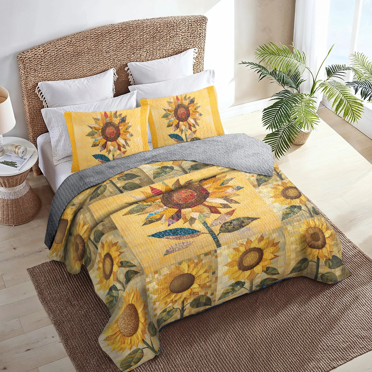 Shineful All Season Quilt 3-Piece Set Golden Patchwork Sunflower