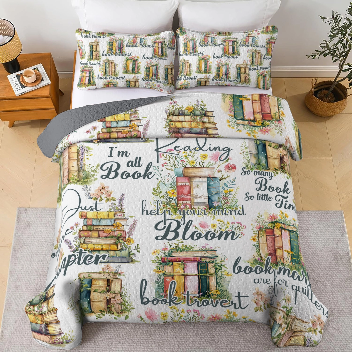 Shineful All Season Quilt 3-Piece Set Reading Blooming Books