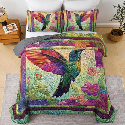 Shineful All Season Flat Print Quilt 3-Piece Set - Vibrant Mystic Hummingbird