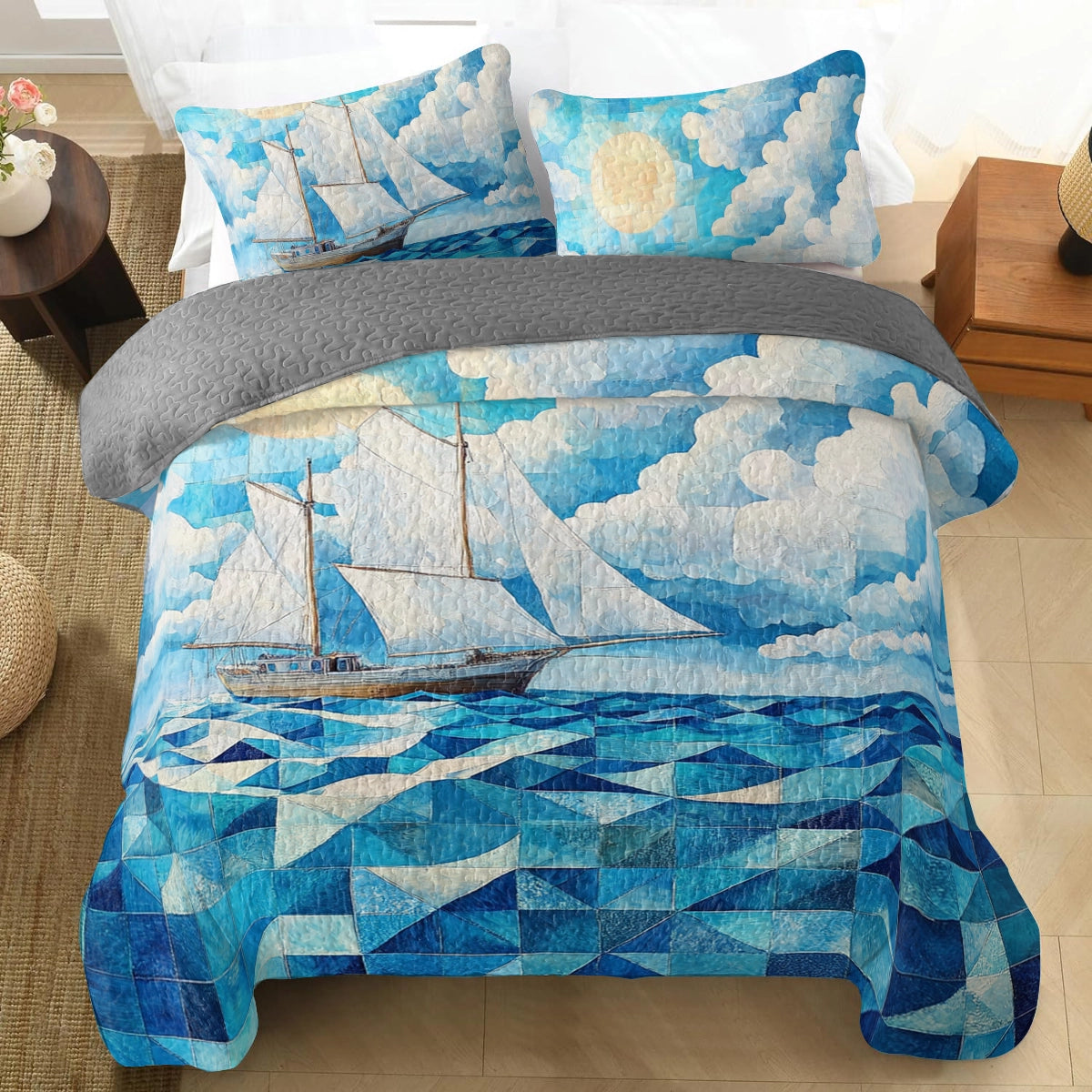 Shineful All Season Quilt 3-Piece Set Sailing Love Ocean