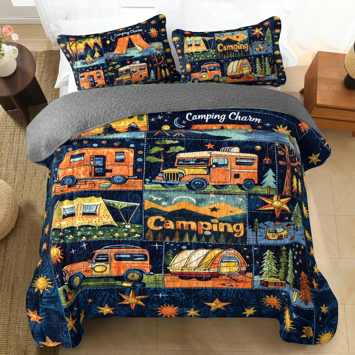 Shineful All Season Quilt 3-Piece Set Colorful Camping Charm