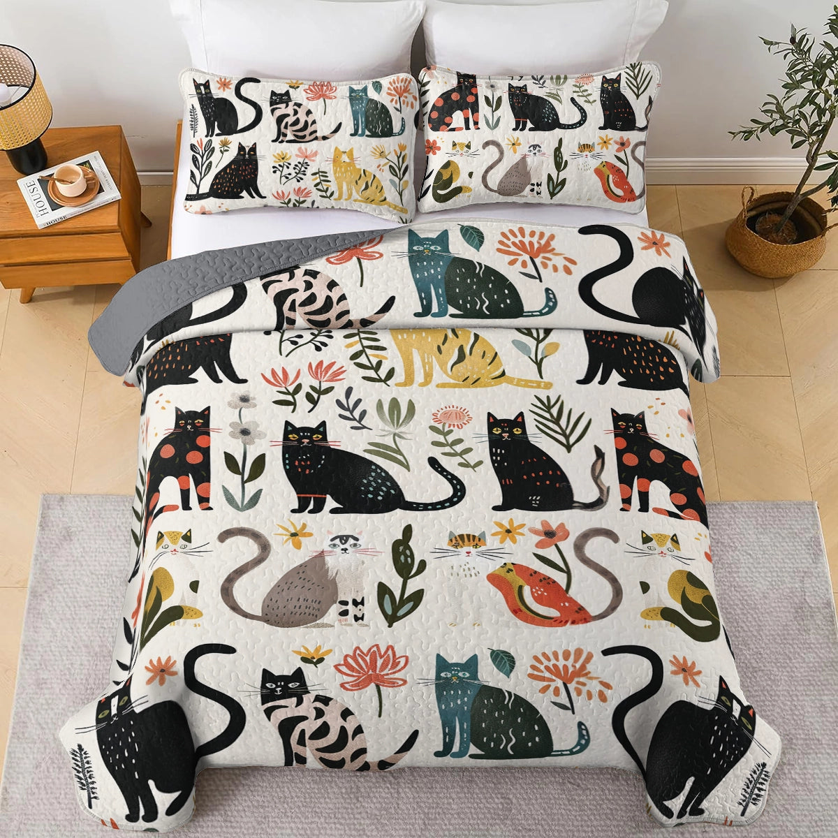 Shineful All Season Quilt 3-Piece Set Botanical Cat Bliss