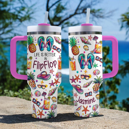 Glänzender Becher mit personalisiertem Sunny Flipflop