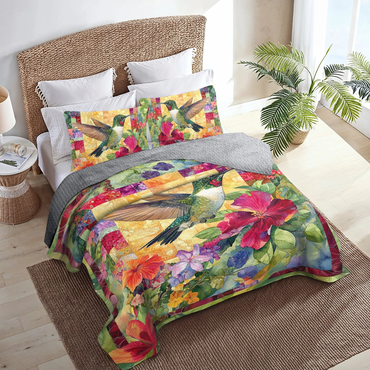 Shineful All Season Quilt 3-Piece Set Garden Glow Hummingbird