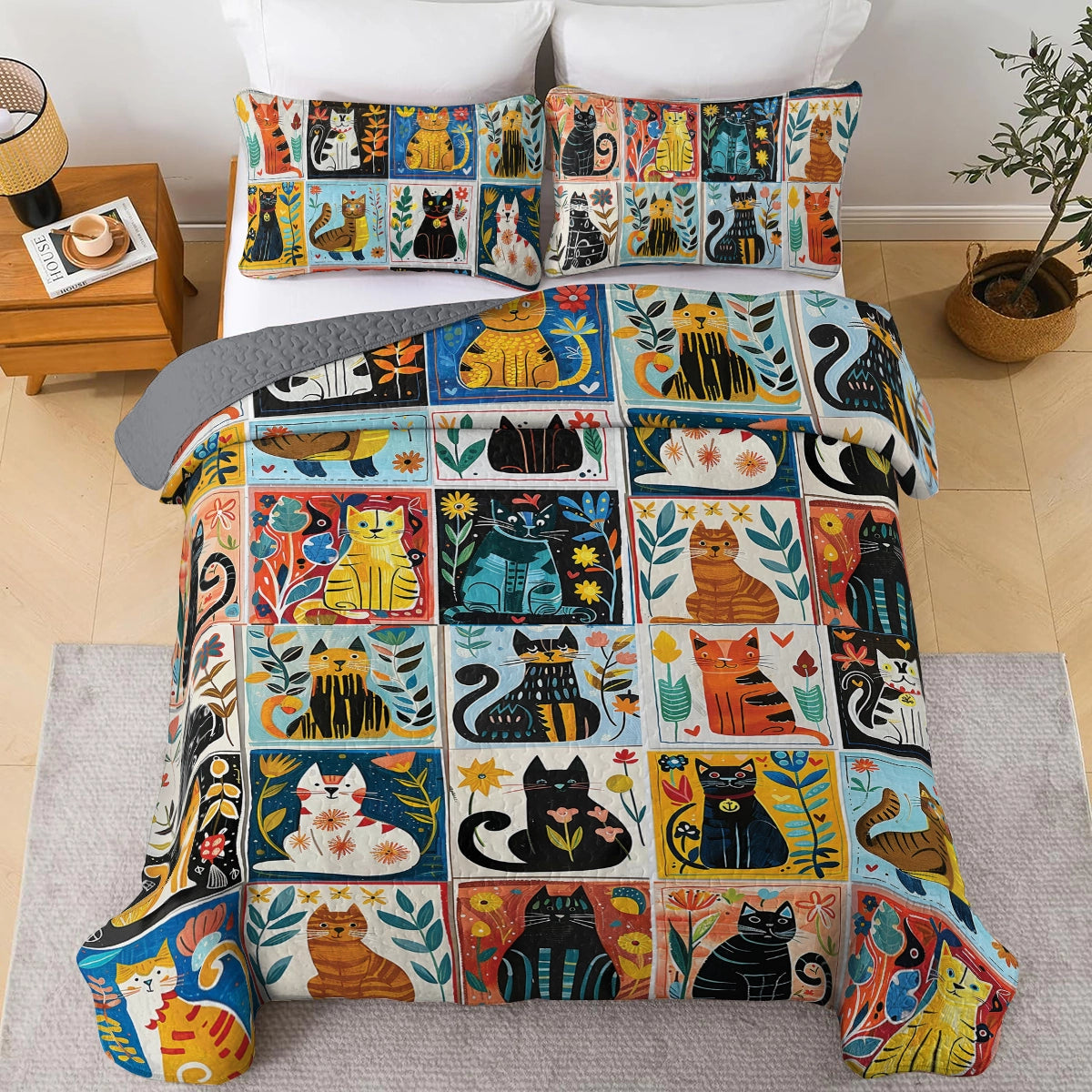 Shineful All Season Quilt 3-Piece Set Charming Cat Collage