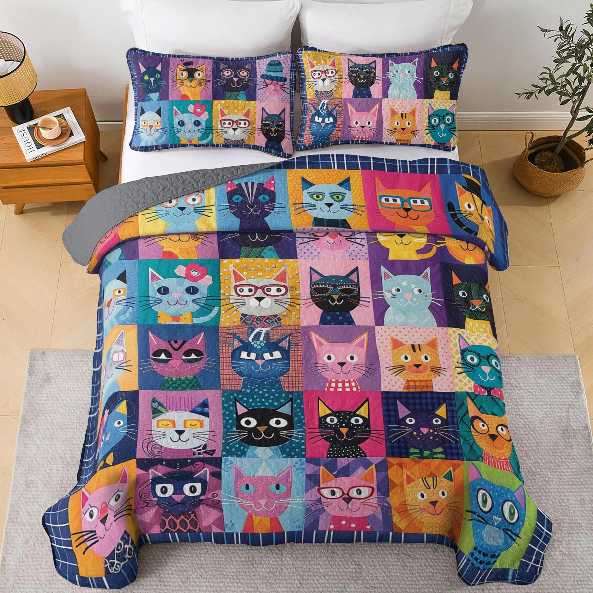 Shineful All Season Quilt 3-Piece Set Quirky Cat Cuddle