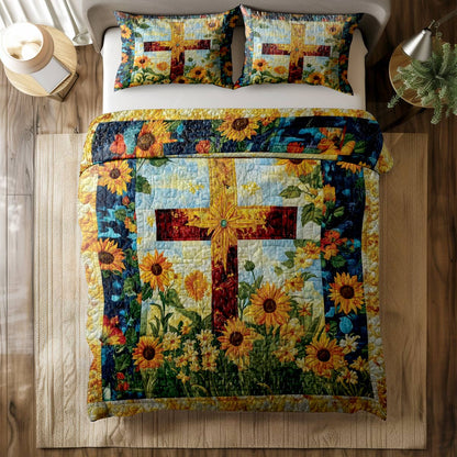 Shineful All Season Quilt 3-Piece Set Sunflower Cross