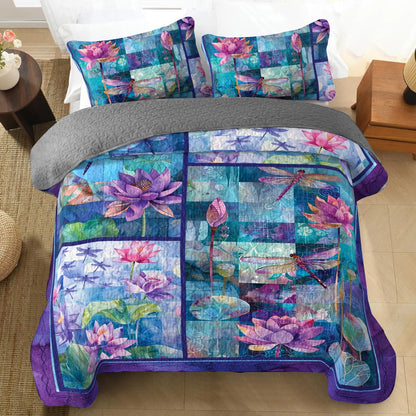 Shineful All Season Quilt 3-Piece Set Lotus Dragonfly Serenity