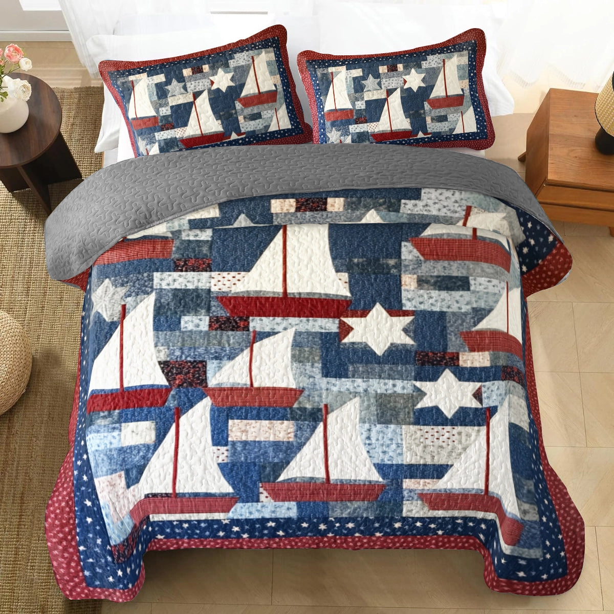 Shineful All Season Quilt 3-teiliges Set mit patriotischen Segelbooten