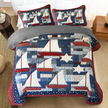 Shineful All Season Quilt 3-Piece Set Sailing Patriotic Sailboats