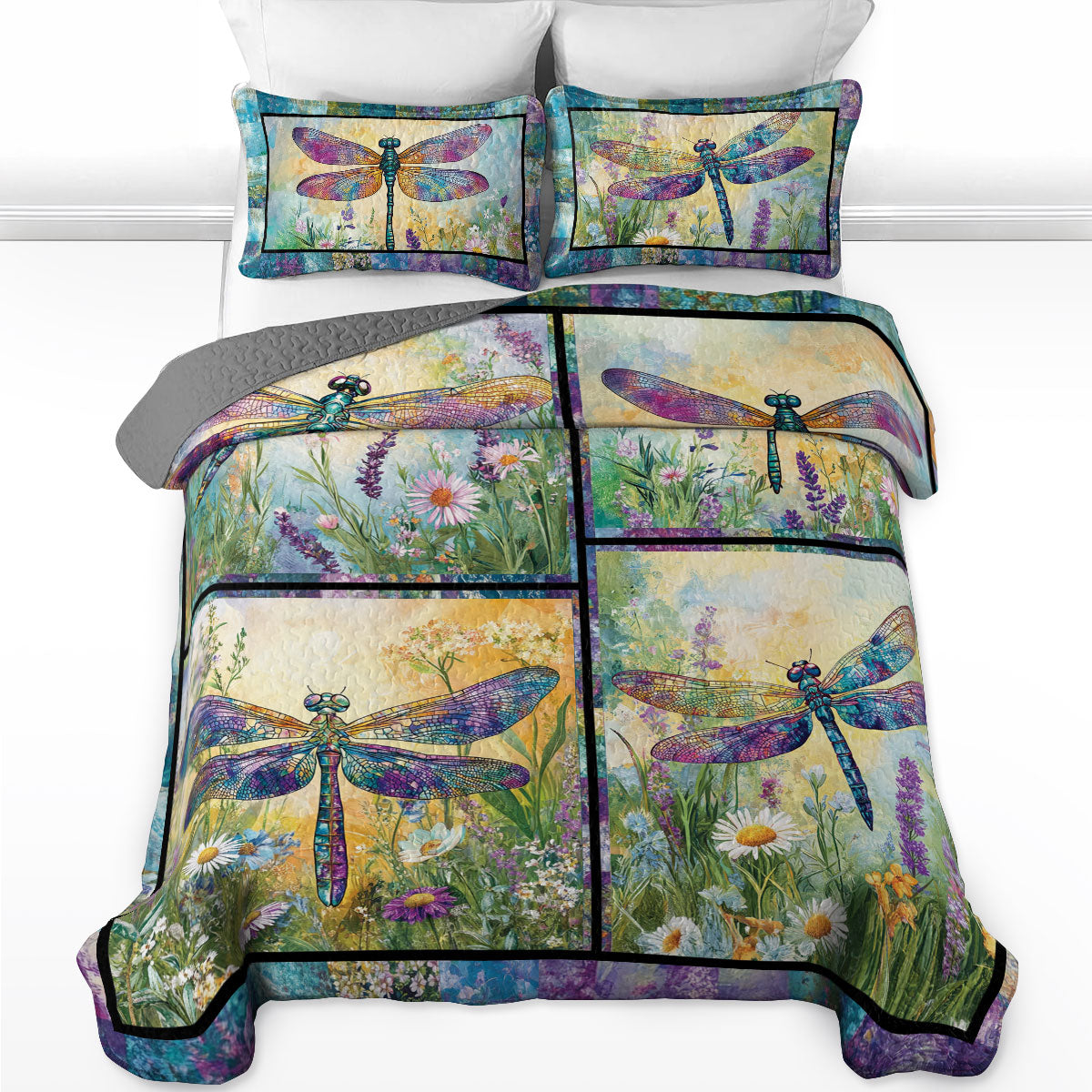 Shineful All Season Quilt 3-Piece Set Dragonfly Flower Garden