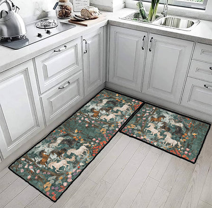 Tapis de sol antidérapant ultra fin, tapis de cuisine, motif cheval et fleur