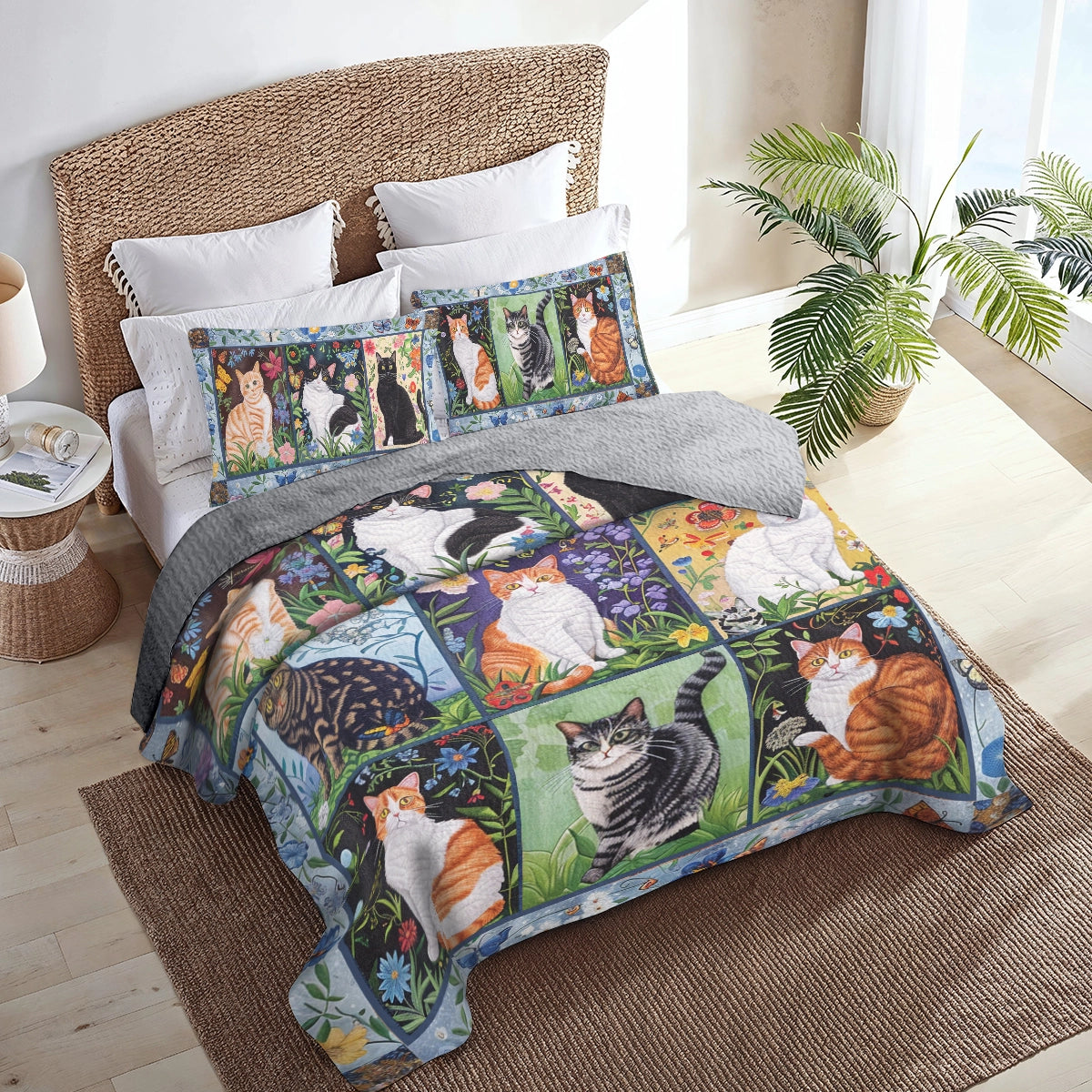 Shineful All Season Quilt 3-teiliges Set Cat Floral Felines