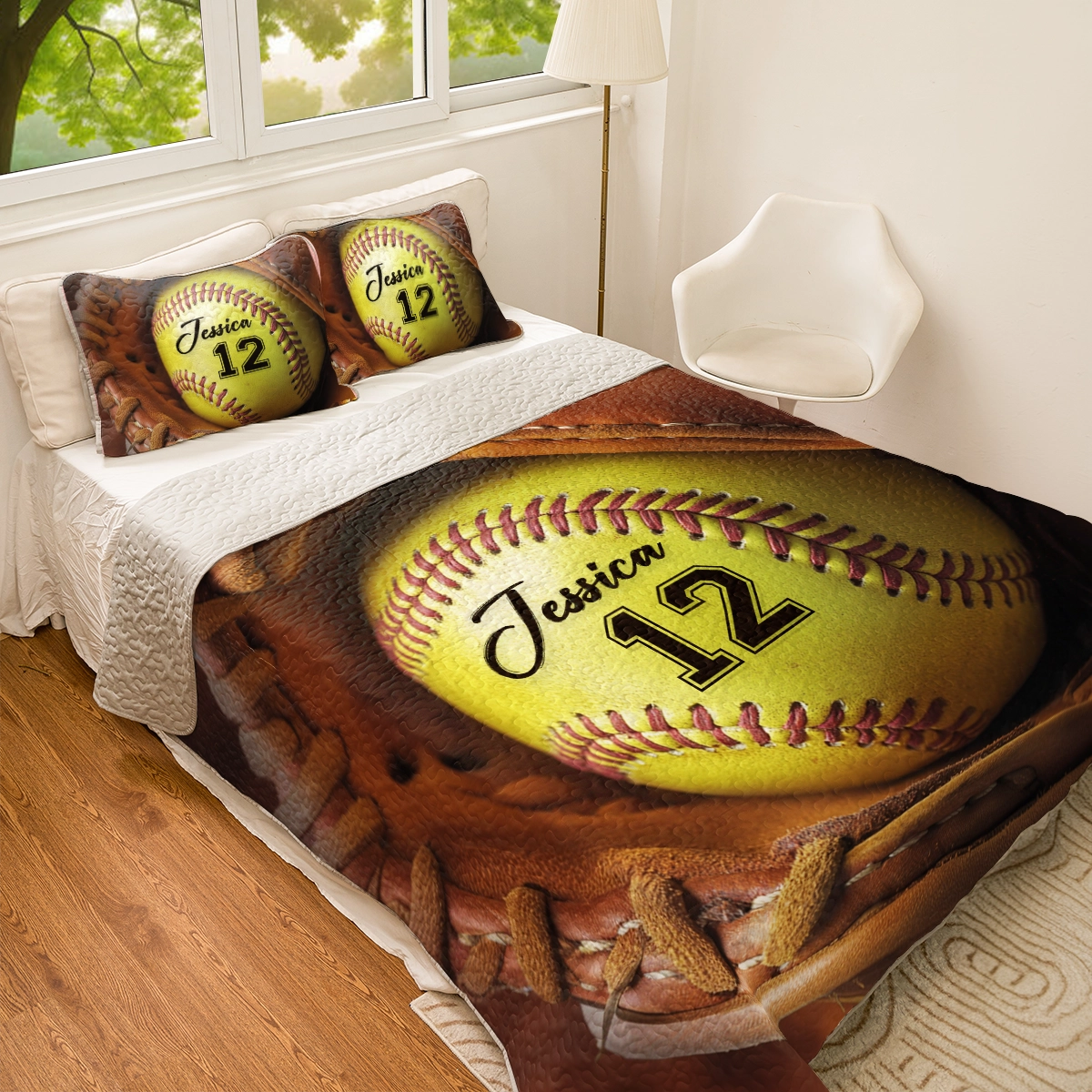 Shineful All Season Quilt 3-Piece Set Personalized Softball Star