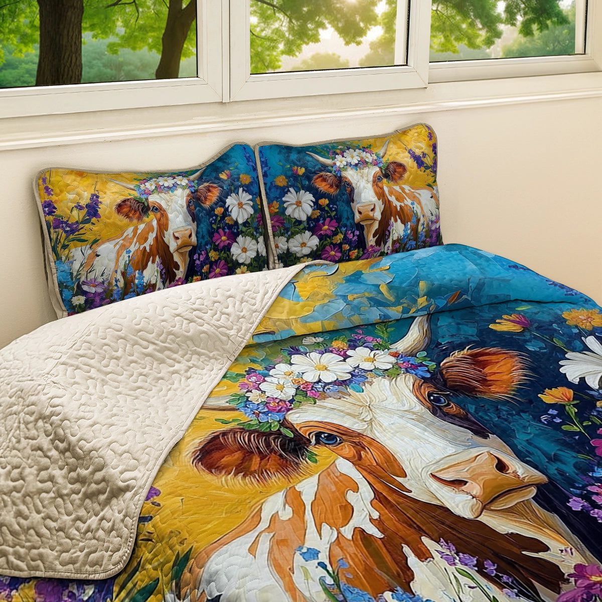 Shineful All Season Quilt 3-Piece Set - Floral Fantasy Cow