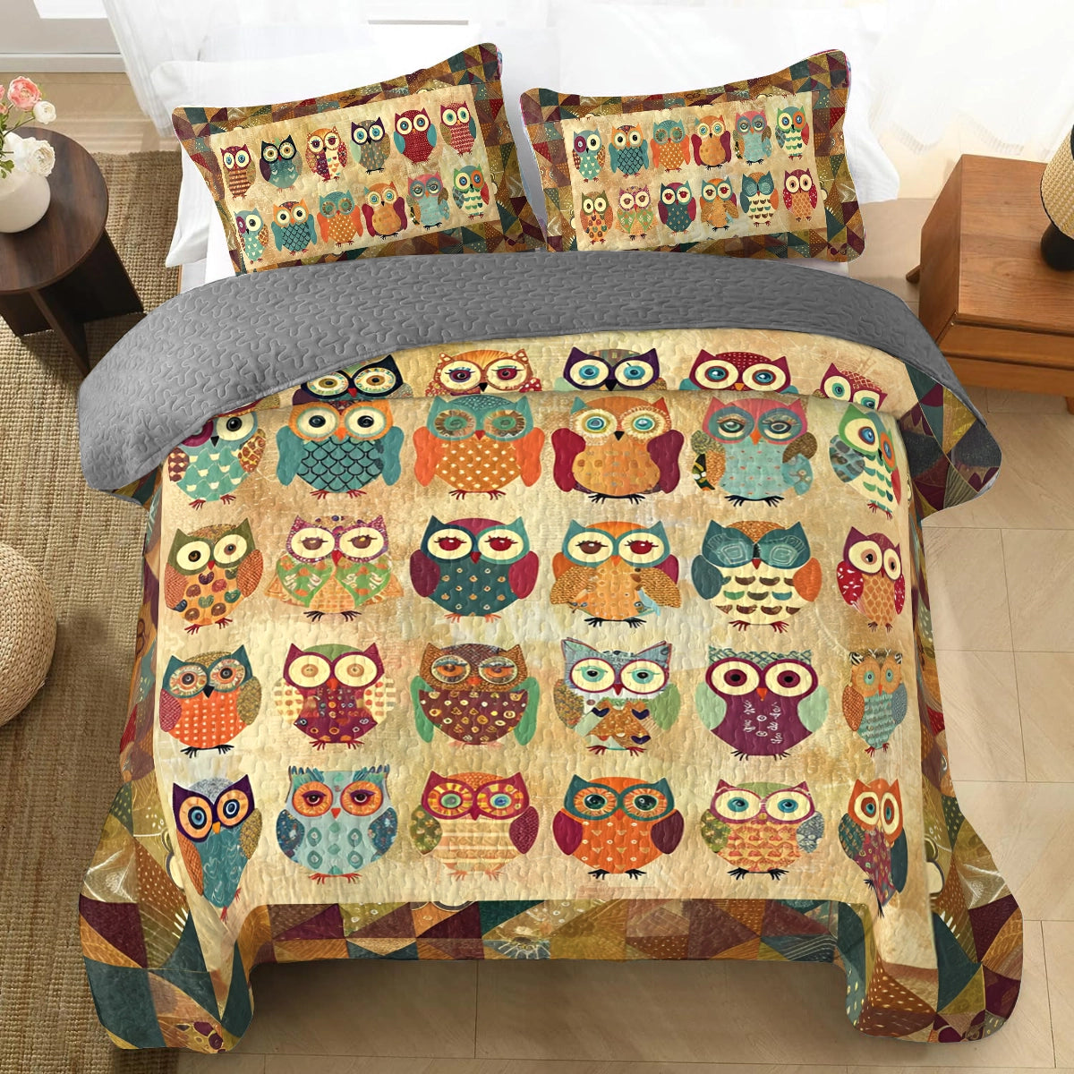 Shineful All Season Quilt 3-Piece Set Cute Owl Nest