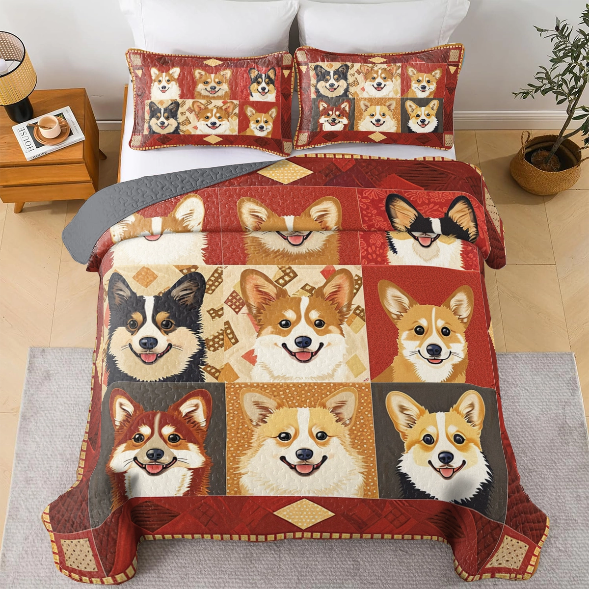 Ensemble de courtepointe toutes saisons Shineful 3 pièces Corgi Coziness 