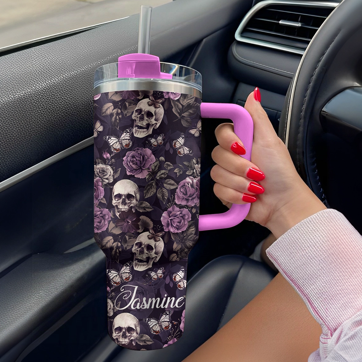 Shineful Tumbler Personalized Midnight Blossoms Skull