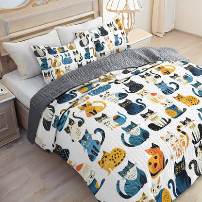 Shineful All Season Quilt 3-Piece Set Blue Pattern Cat