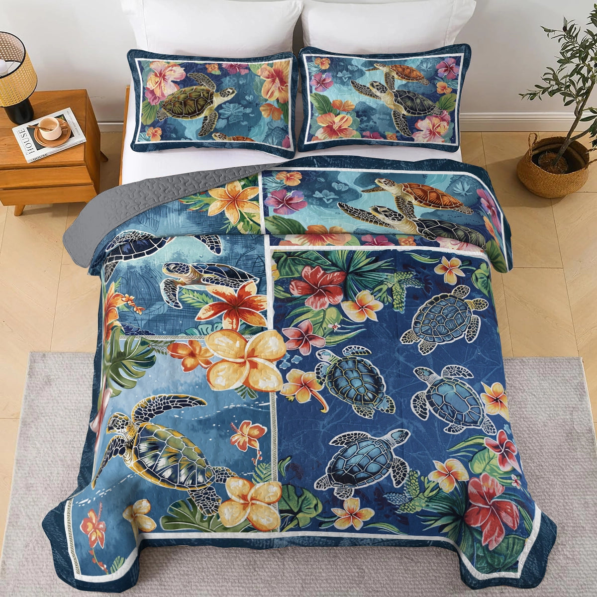 Shineful All Season Quilt 3-Piece Set Hibiscus Gentle Sea Turtle