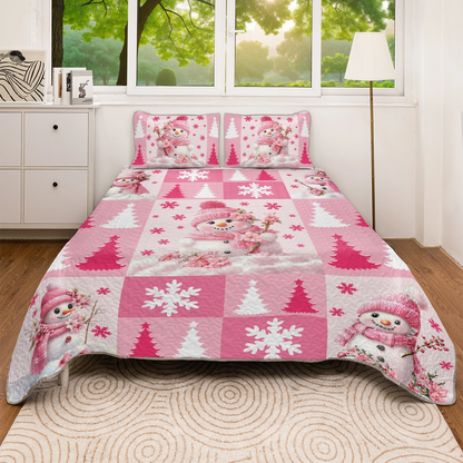 Shineful All Season Quilt 3-Piece Set - Christmas Pink Snowman