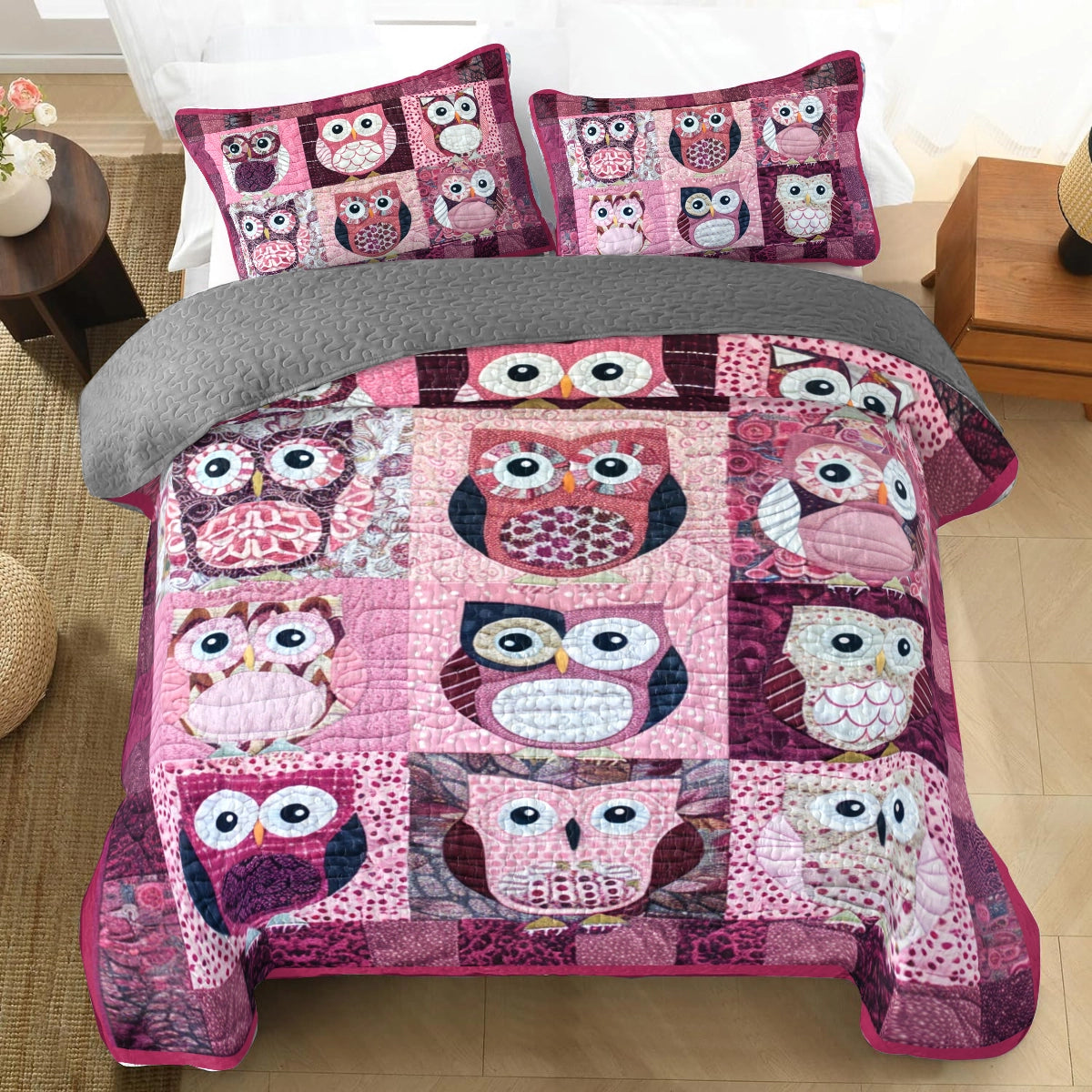 Shineful All Season Quilt 3-Piece Set Charming Pink Owl