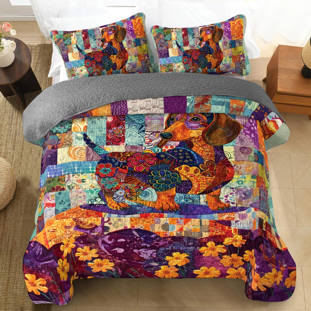 Shineful All Season Quilt 3-Piece Set Patchwork Floral Dachshund