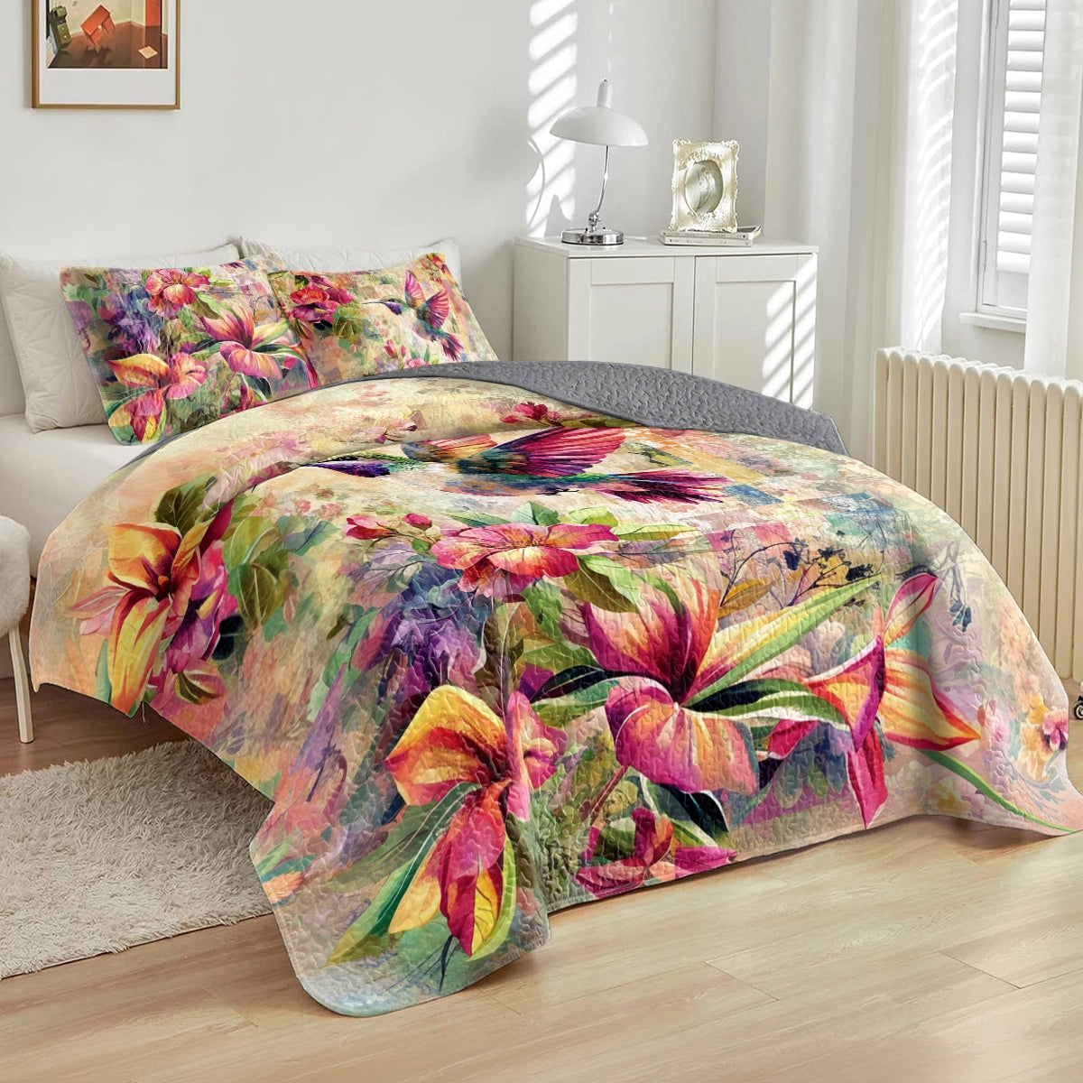 Shineful All Season Quilt 3-Piece Set Hummingbird Floral Flight