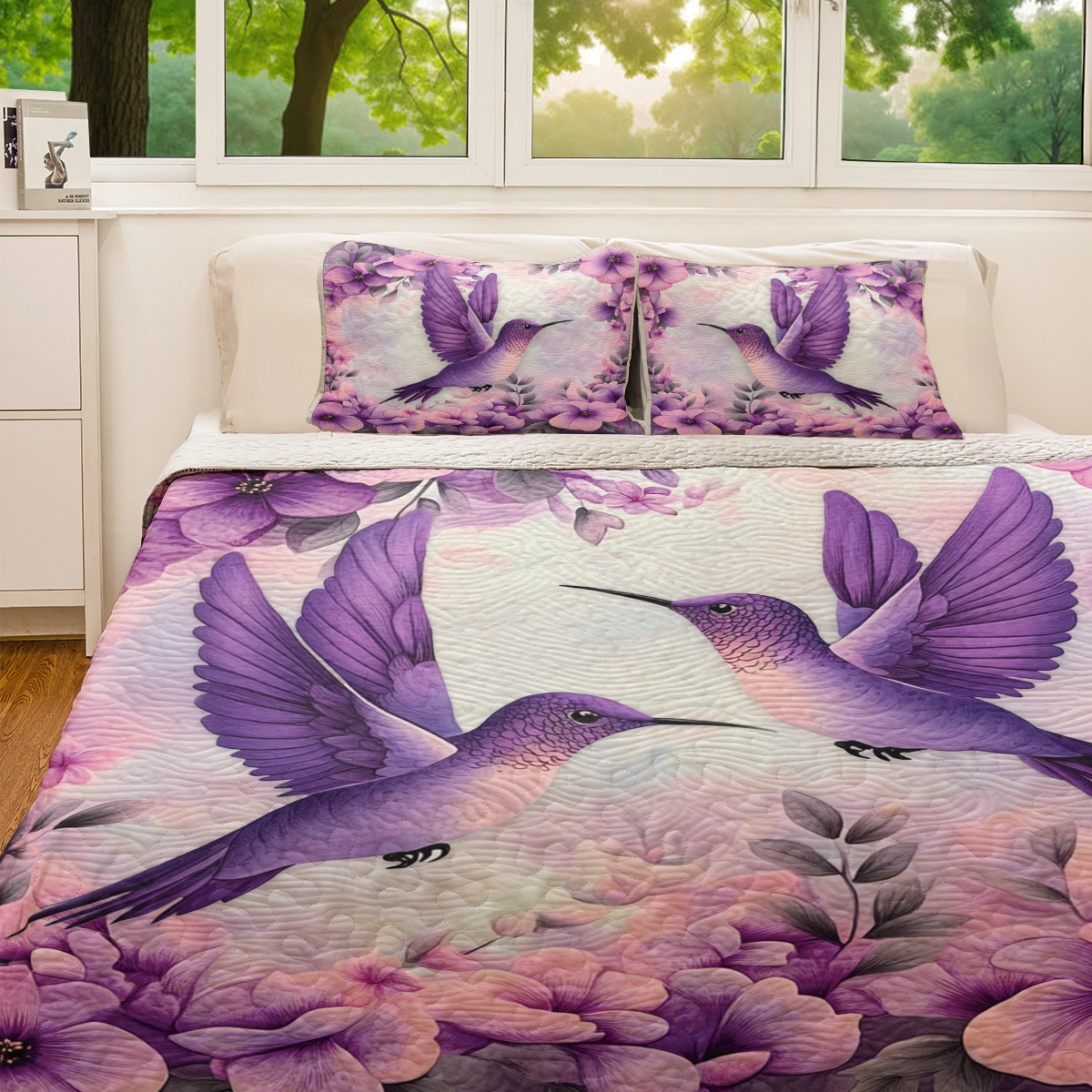 Shineful All Season Quilt 3-Piece Set - Purple Bliss Hummingbird