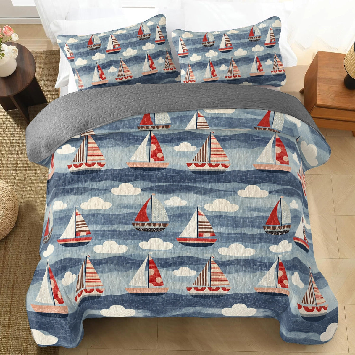 Shineful All Season Quilt 3-Piece Set Sailing Sailboat Serenity