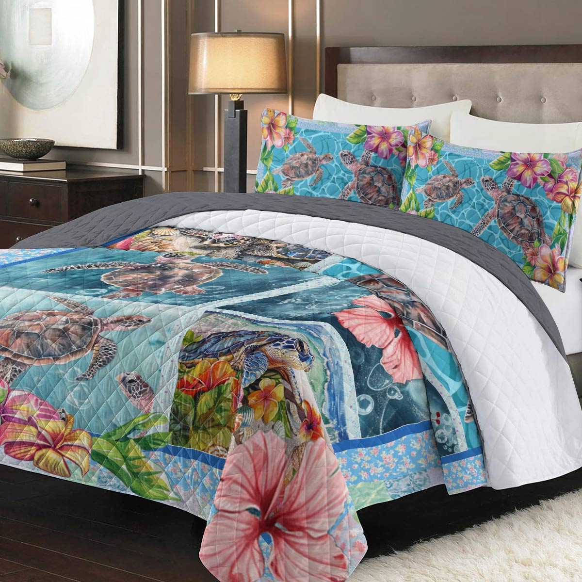 Shineful All Season Quilt 3-Piece Set Turtle Hibicus