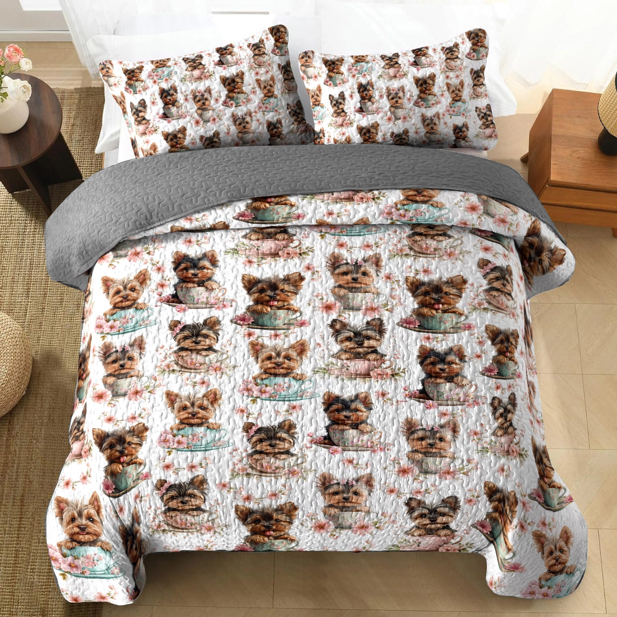 Shineful All Season Quilt 3-Piece Set - Yorkie Teacup Snuggle