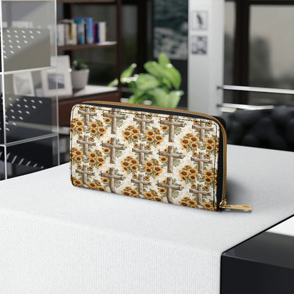 Shineful Leather Clutch Purse With Wristlet Strap Handle Rustic Sunflower Cross