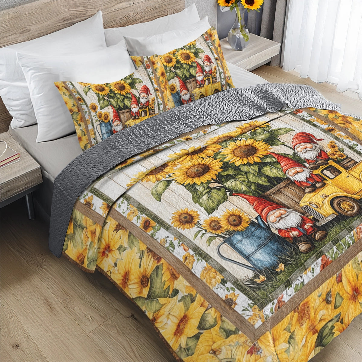 Shineful All Season Quilt 3-Piece Set Gnome Sweet Gnome Sunflower