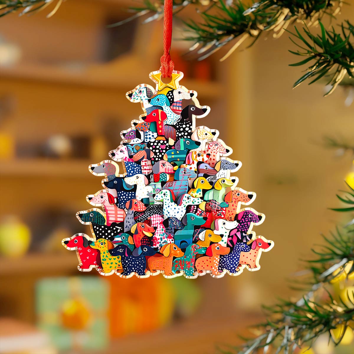 Glänzendes Acryl-Ornament „Frohe Weihnachten“ mit Dackeln