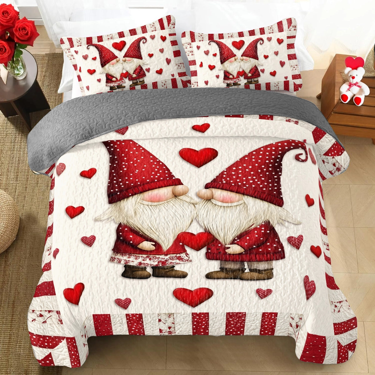 Shineful All Season Quilt 3-Piece Set Hugging Hearts Gnome