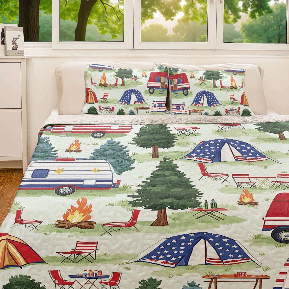 Shineful All Season Quilt 3-Piece Set - Red, White & Camping Nights