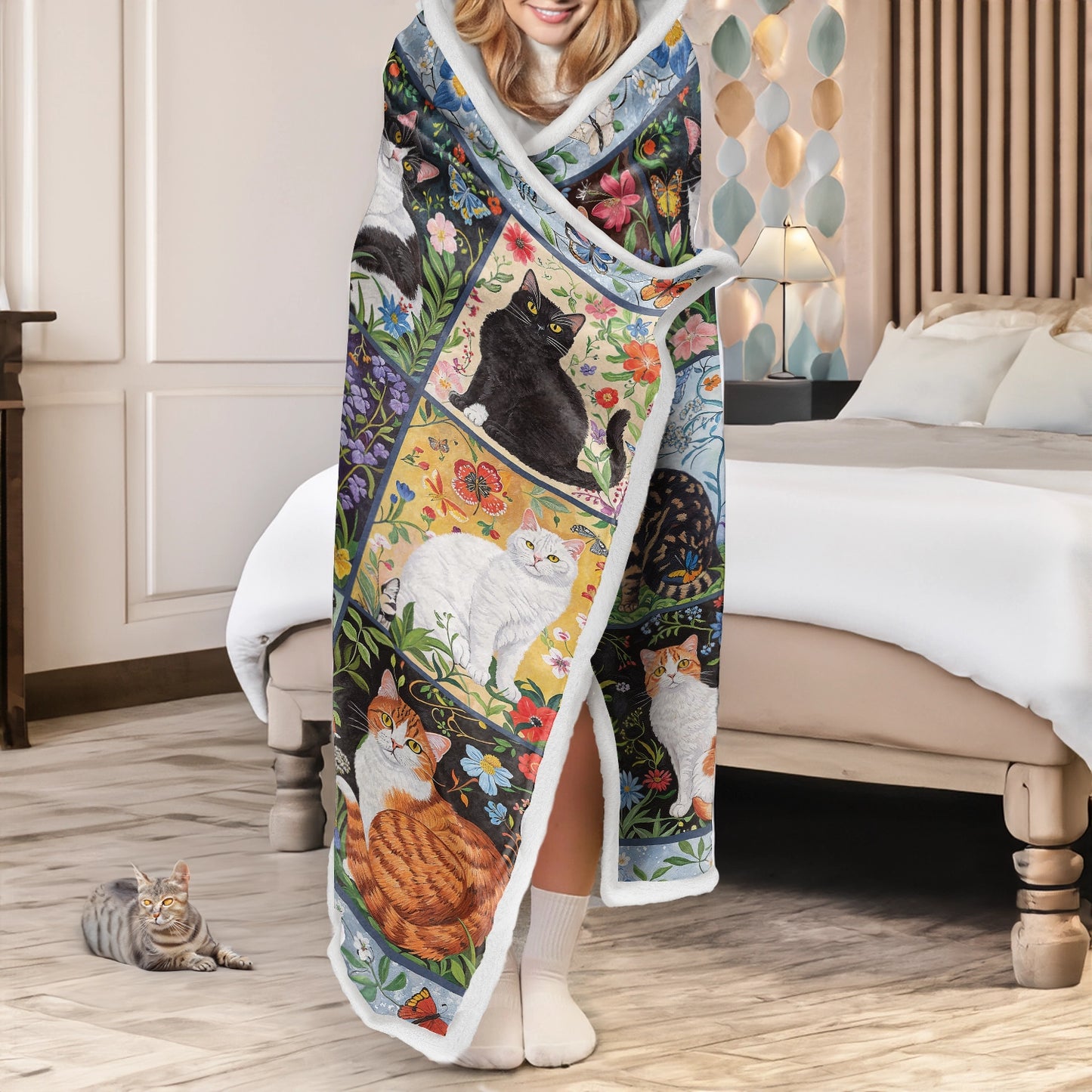 Shineful Wearable Hooded Blanket - Cat Floral Felines