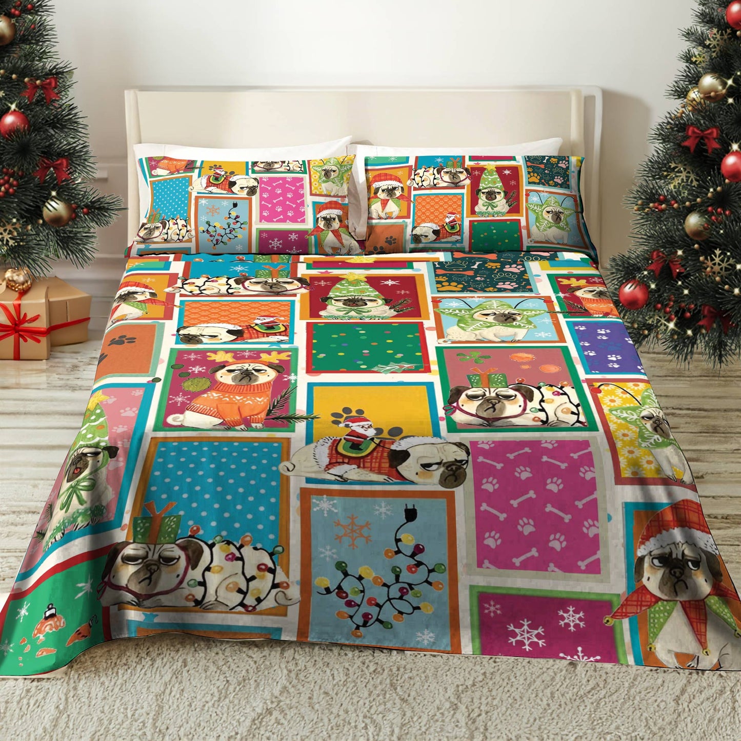 Shineful 4-Piece Bed Sheet Set Puggy Holiday