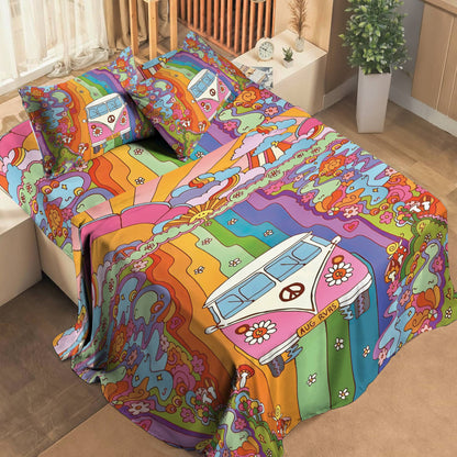 Shineful 4-Piece Bed Sheet Set Rainbow Hippie Van