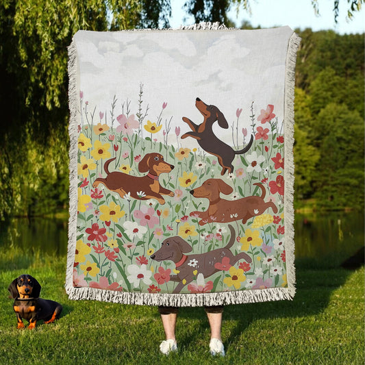 Shineful Woven Tapestry Throw Blanket - Dachshund in Flower Garden