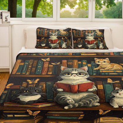 Ensemble de courtepointe toutes saisons Shineful 3 pièces - Bookworm's Purr-adise