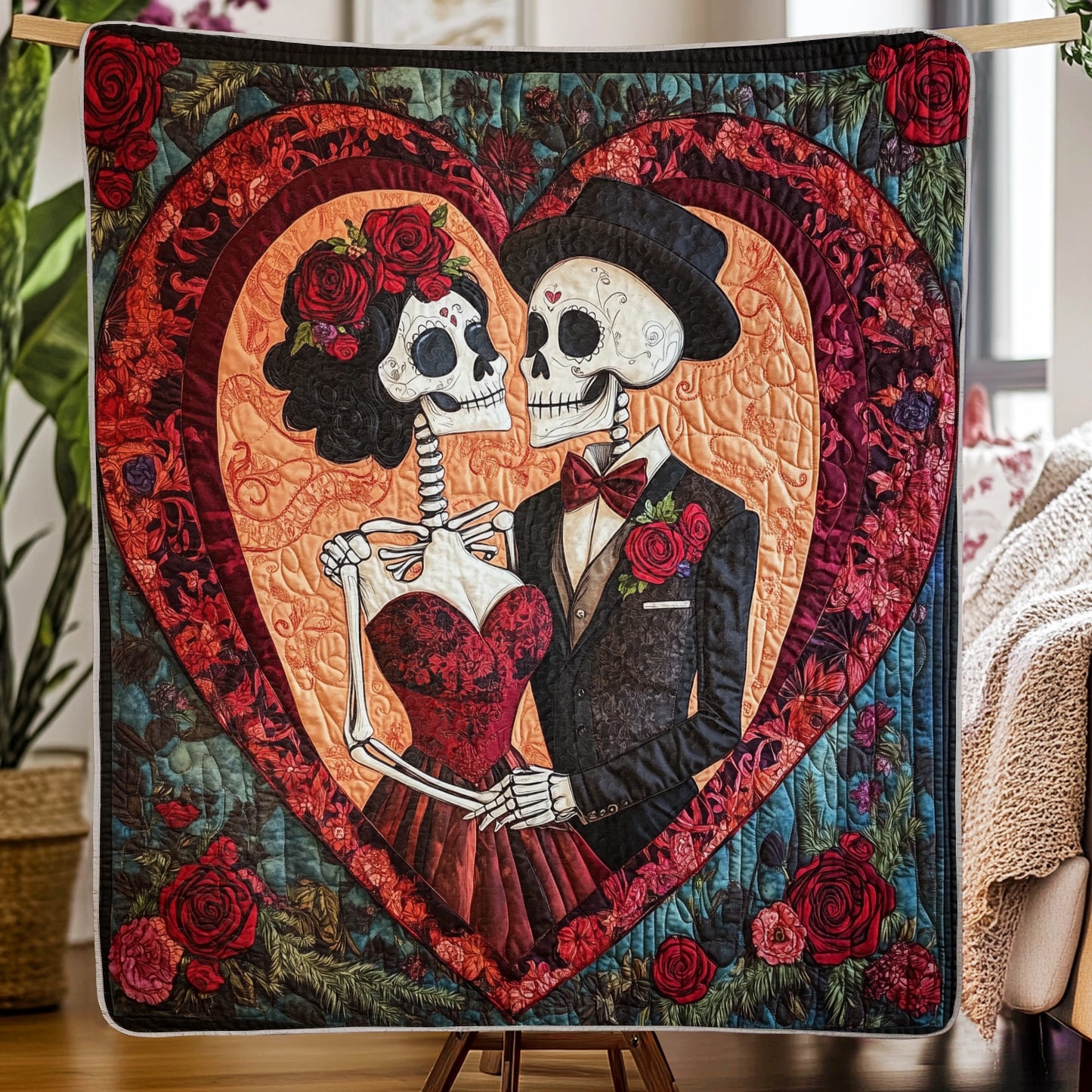 Shineful Flat Print Faux Quilt Blanket - Eternal Love in Day of the Dead Quilt Masterpiece