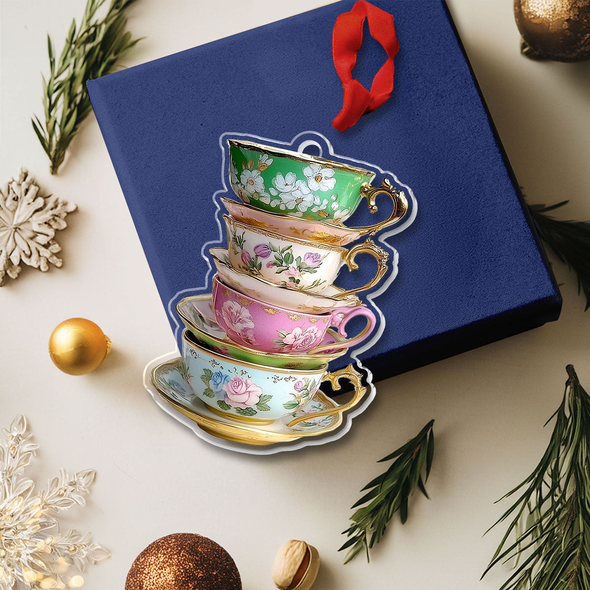 Shineful 2D Acrylic Ornament - Vintage Teacup Stack