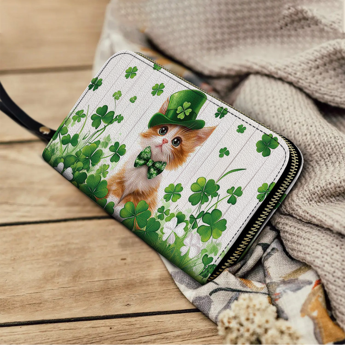 Shineful Leather Clutch Purse With Wristlet Strap Handle Clover Kitty